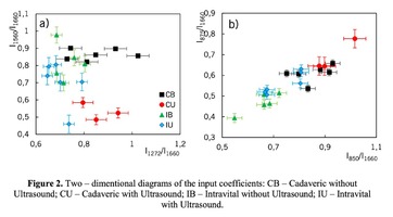 . Two – dimentional diagrams of the input coefficients: CB – Cadaveric without Ultrasound; CU – Cadaveric with Ultrasound; IB – Intravital without Ultrasound; IU – Intravital with Ultrasound.