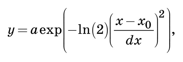 где a – амплитуда, dx — полуширина на уровне половинной амплитуды, x0– положение максимума.