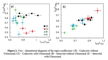 Two – dimentional diagrams of the input coefficients: CB – Cadaveric without Ultrasound; CU – Cadaveric with Ultrasound; IB – Intravital without Ultrasound; IU – Intravital with Ultrasound.