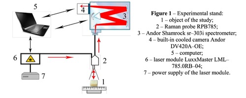 Figure 1 – Experimental stand: 1 – object of the study; 2 – Raman probe RPB785; 3 – Andor Shamrock sr–303i spectrometer; 4 – built-in cooled camera Andor DV420A–OE; 5 – computer; 6 – laser module LuxxMaster LML– 785.0RB–04; 7 – power supply of the laser module.